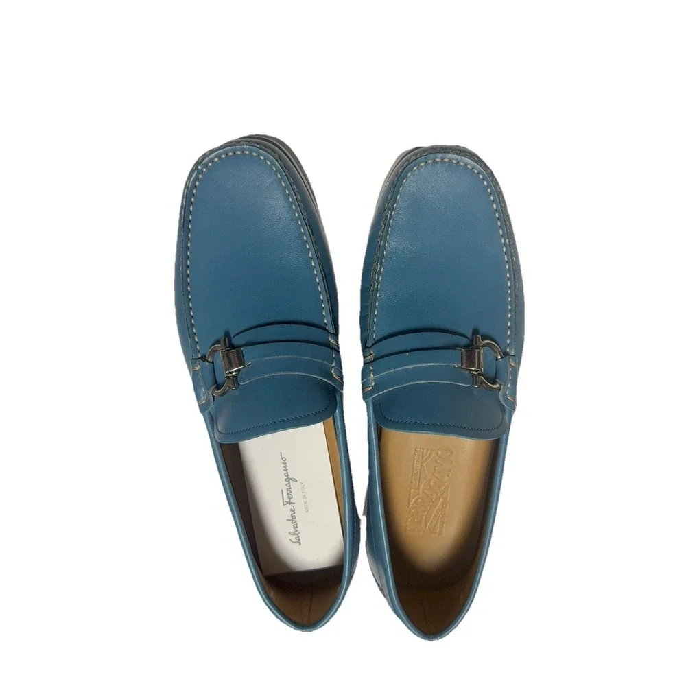 Salvatore Ferragamo Blue Leather Gancini Driver Loafers Men's‎ Italy Luxury